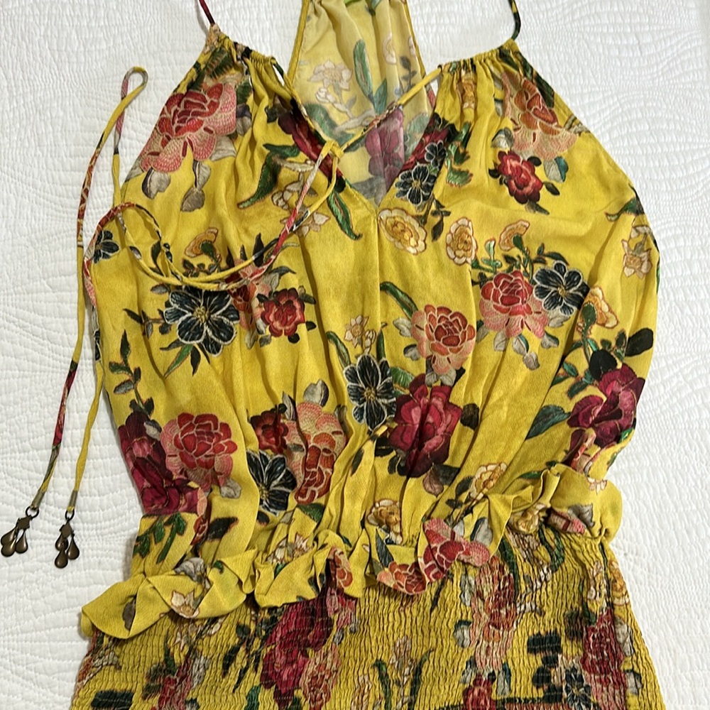 NEW FARM RIO NWOT YELLOW BLACK WHITE SMOCKED DRESS FLORAL ADJUSTABLE STRAPS - Picture 8 of 8